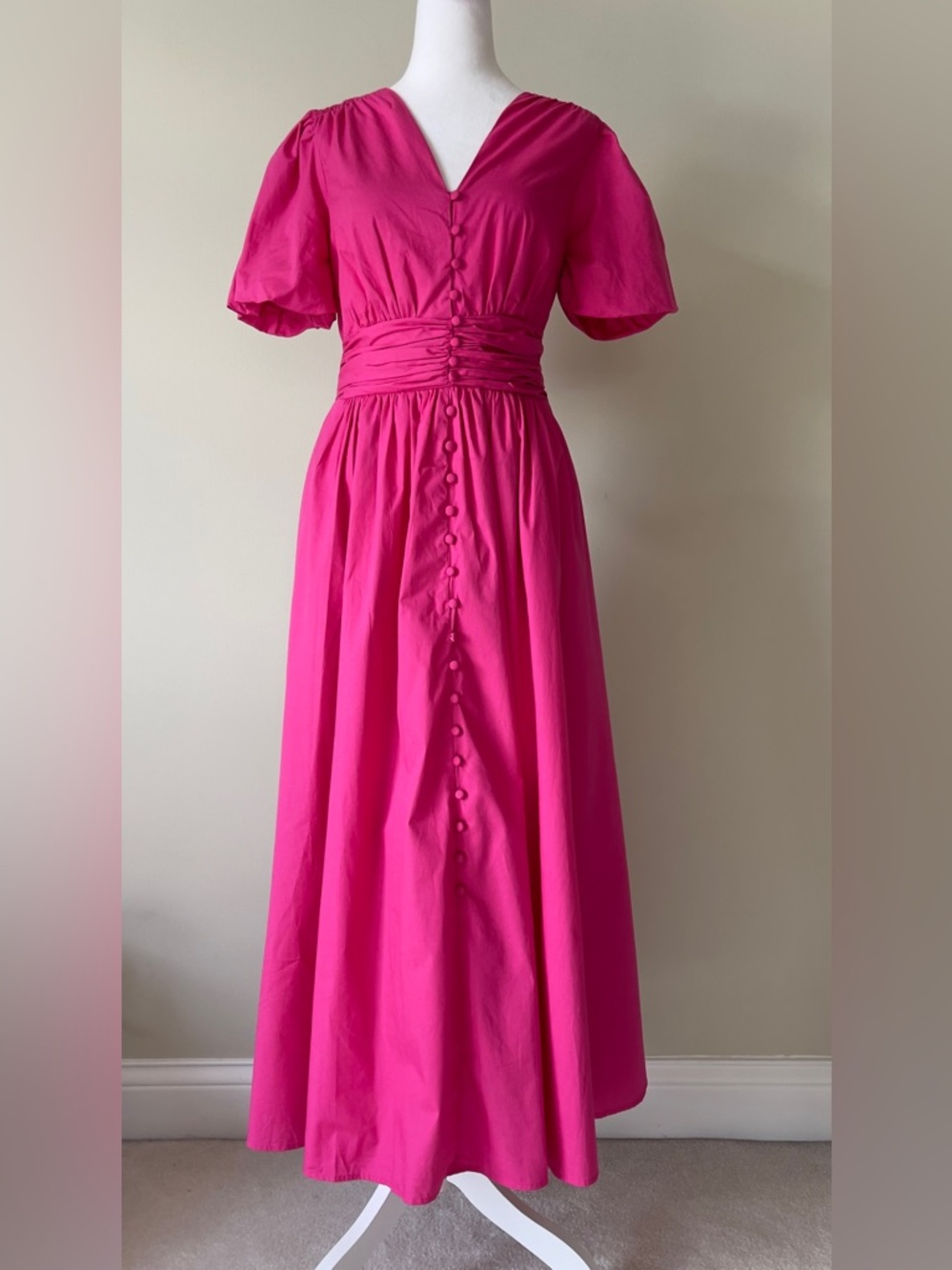 CECE DUPRAZ Ruched Waist V-Neck Short Puff Sleeve Cotton Maxi Dress NWOT - Picture 5 of 9
